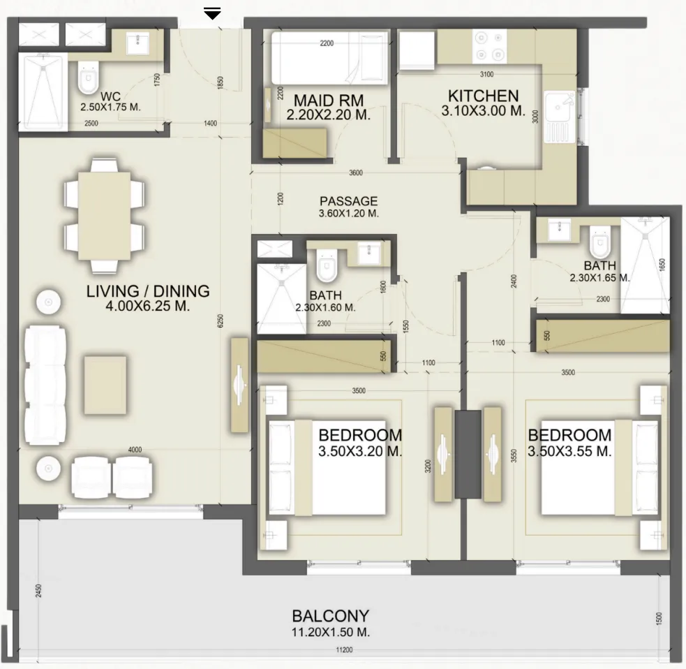 Dalmore Tower 2 bed floor plan, 1,265 sqft