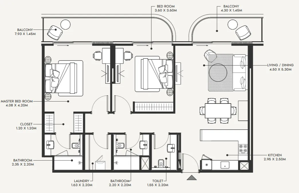 Azizi Amir 2 bed floor plan, 1,277 sqft