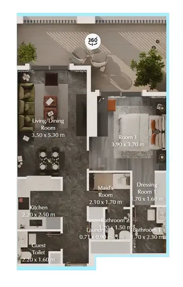 Bab Al Qasr Garden Residences 65 1 bed floor plan, 905 sqft