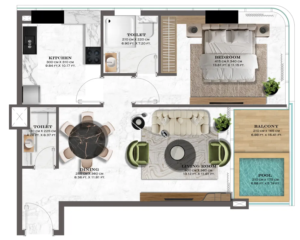 Lazord by Lapis Phases 1 and 2 1 bed floor plan, 808 sqft