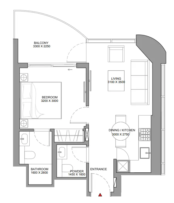 Sobha Aquamont 1 bed floor plan, 581 sqft