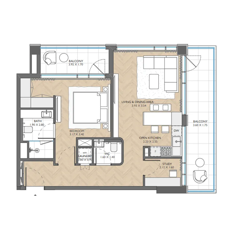 The Collective 1 bed floor plan, 990 sqft