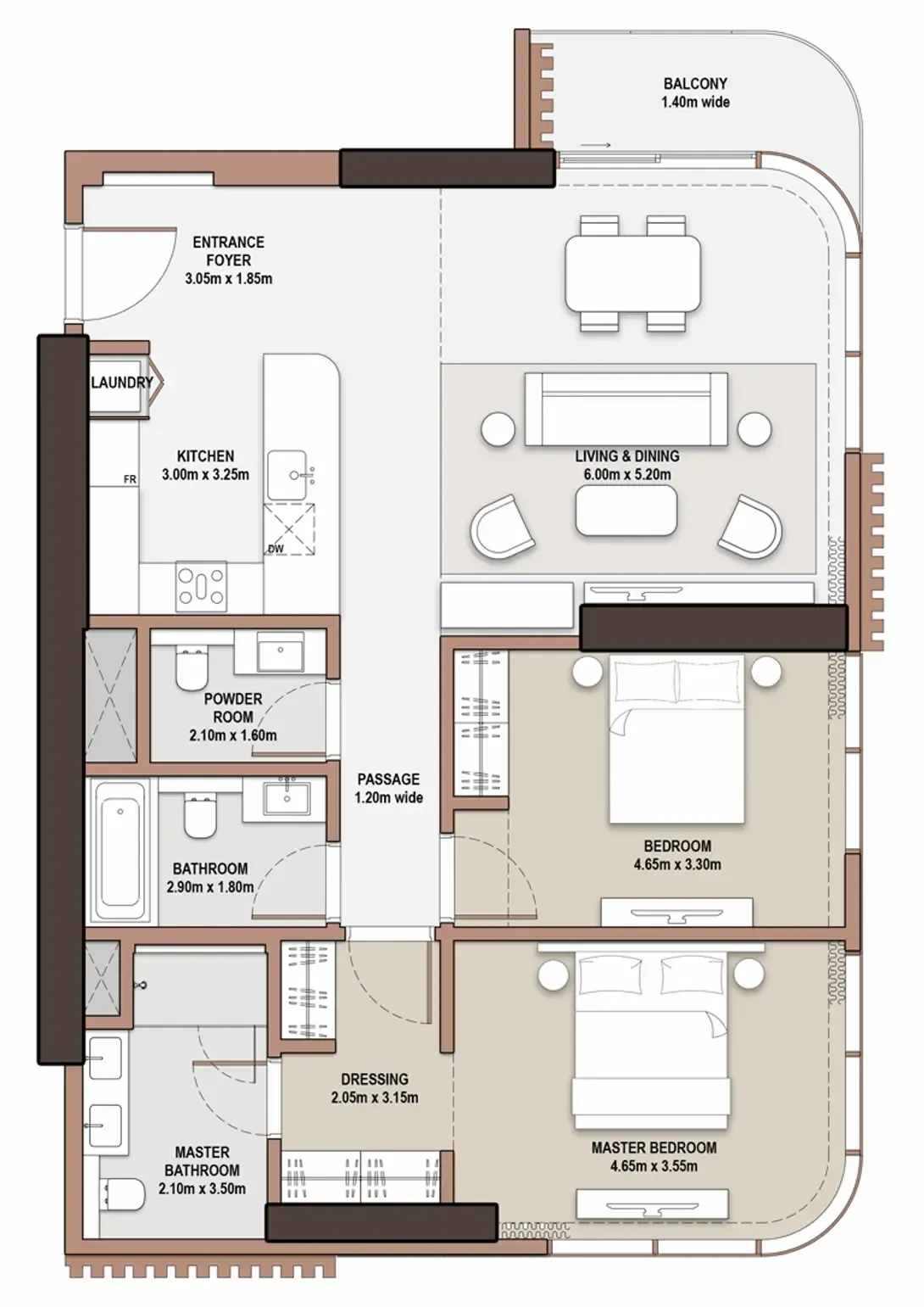The Edit at d3 2 bed floor plan, 1,333 sqft