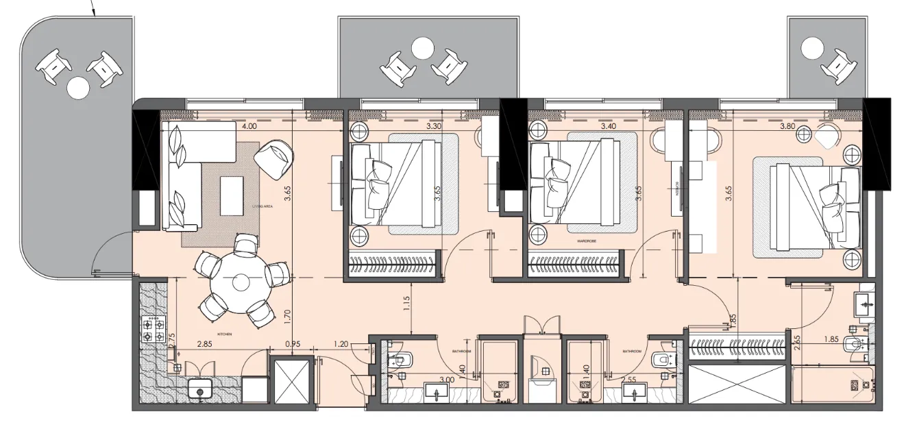 Azizi Wasel 3 bed floor plan, 1,354 sqft