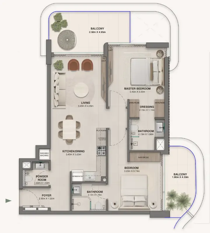 Woodland Crest 2 bed floor plan, 1,030 sqft