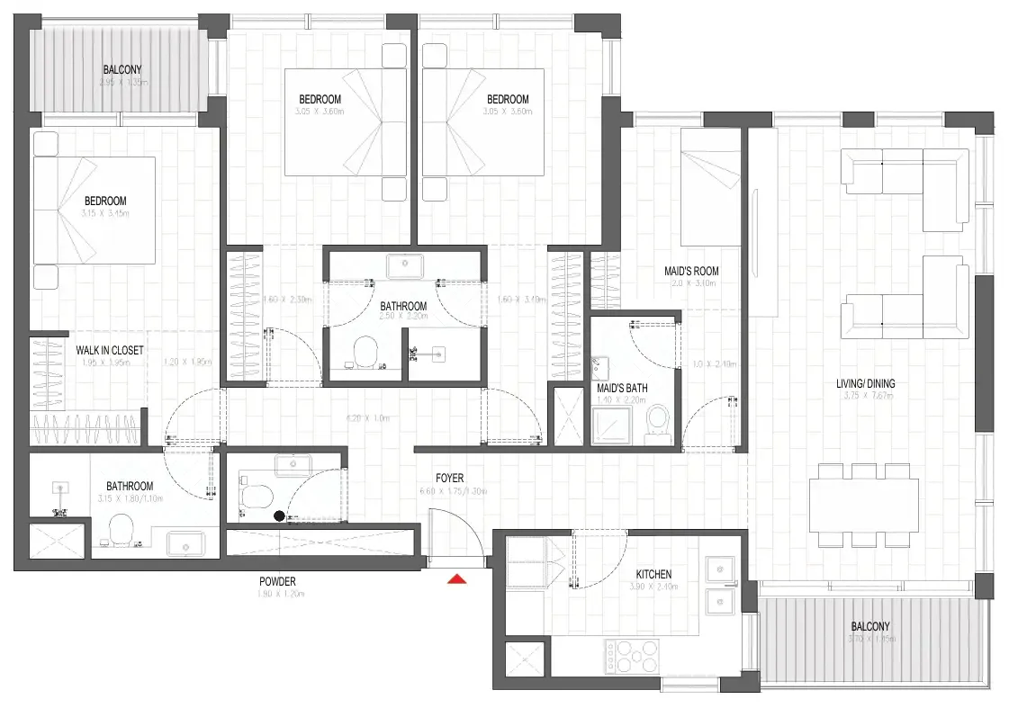 Olfah 3 bed floor plan, 1,602 sqft