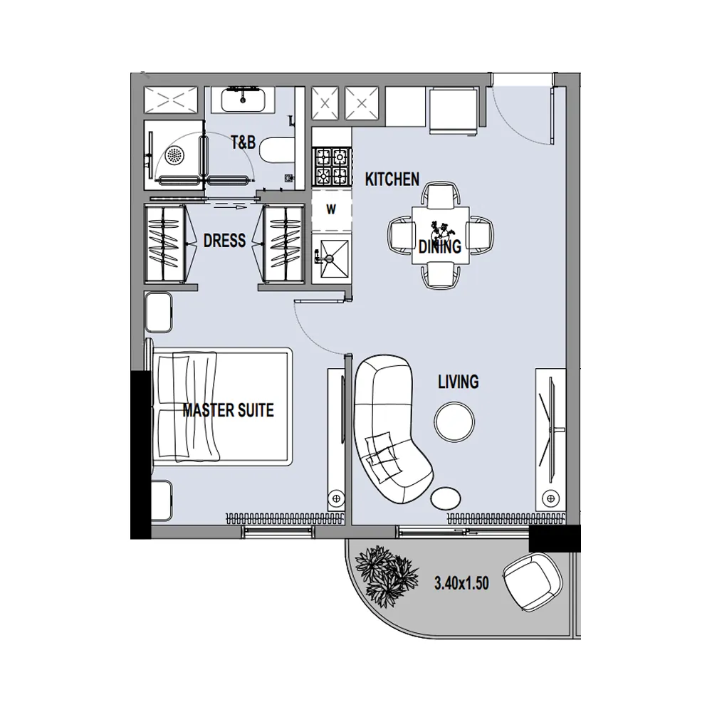 Verso 1 bed floor plan, 516 sqft