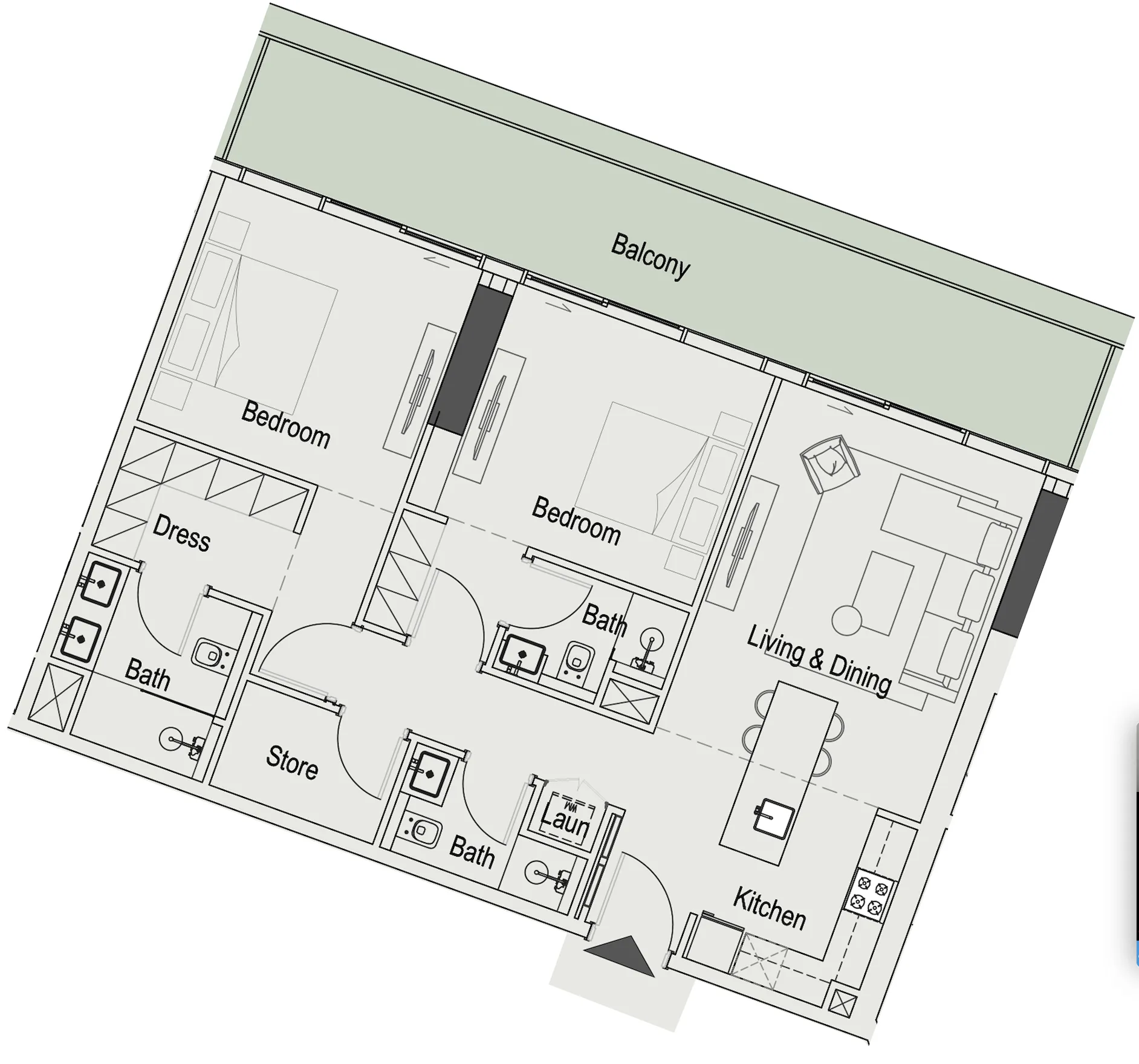 15 Cascade Featured by Versace Ceramics 2 bed floor plan, 1,269 sqft
