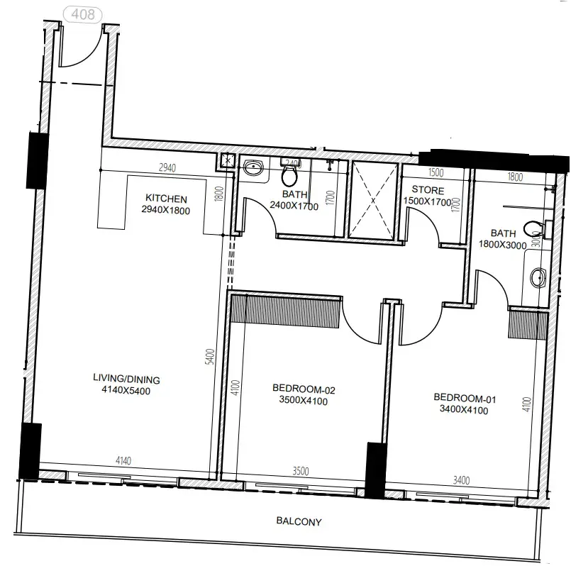 Astra South 2 bed floor plan, 1,081 sqft