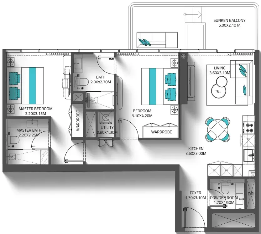 Reef 998 2 bed floor plan, 1,002 sqft