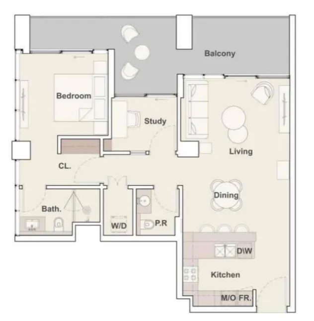The Crestmark 1 bed floor plan, 1,069 sqft