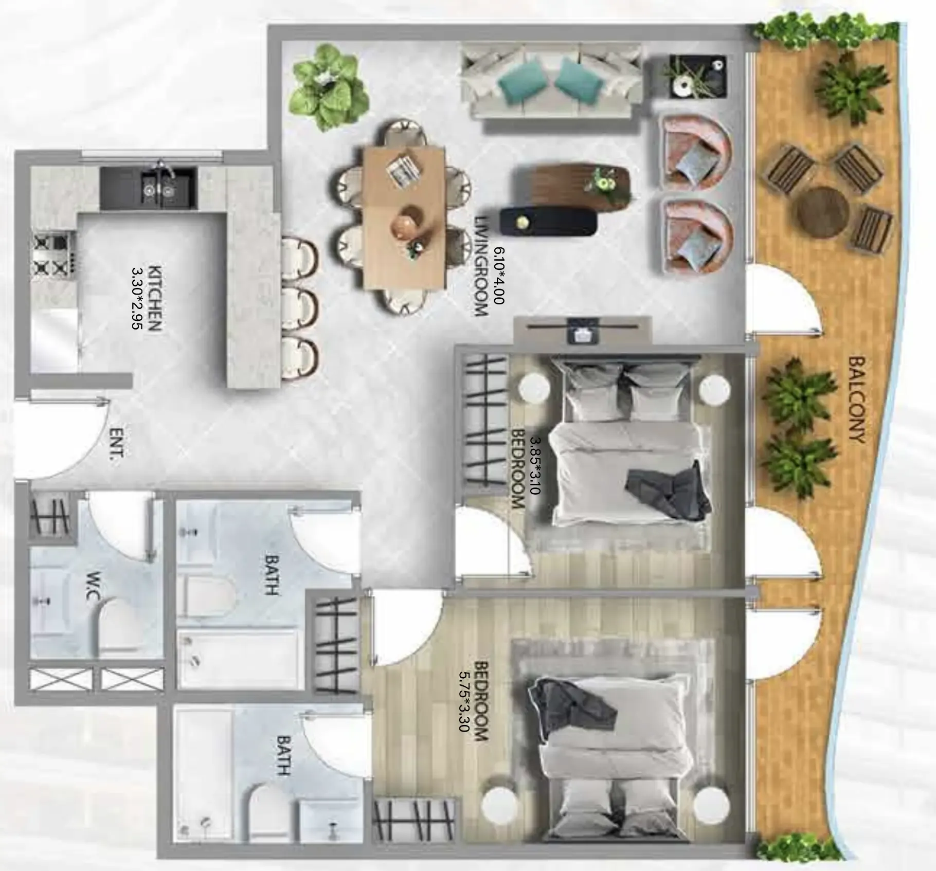 311 Boulevard 2 bed floor plan, 1,125 sqft
