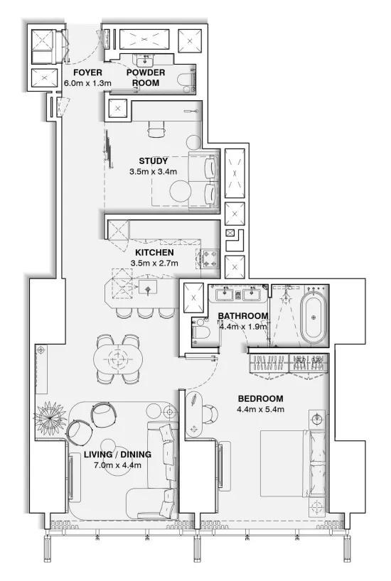 Burj Azizi 1 bed floor plan, 1,128 sqft
