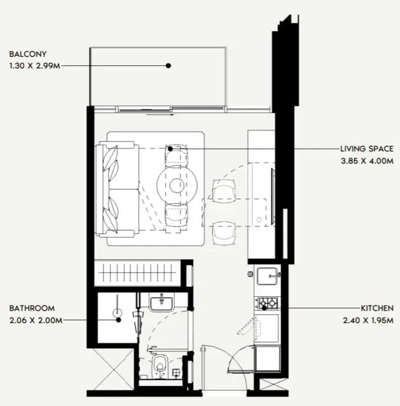 Jaddaf Beach Oasis Studio floor plan, 335 sqft