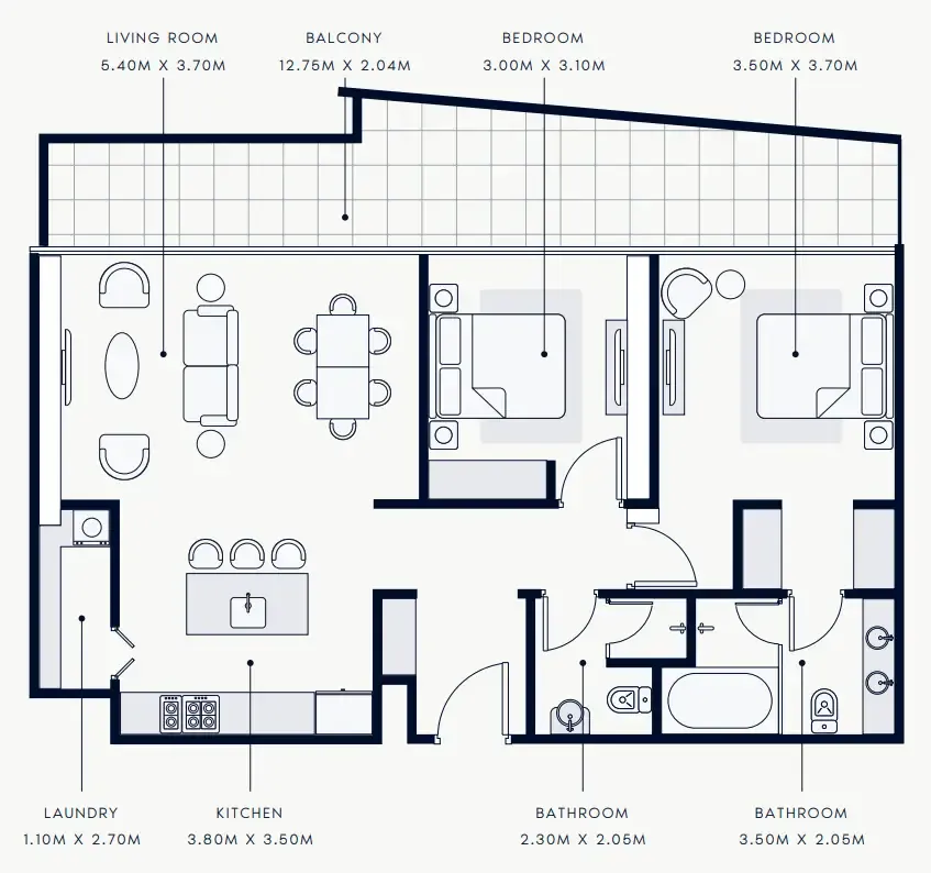 Riviera Rêve 2 bed floor plan, 1,268 sqft