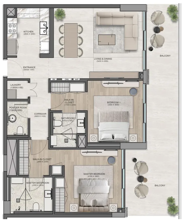 Flora Isle Beachfront Residences 1 bed floor plan, 1,326 sqft