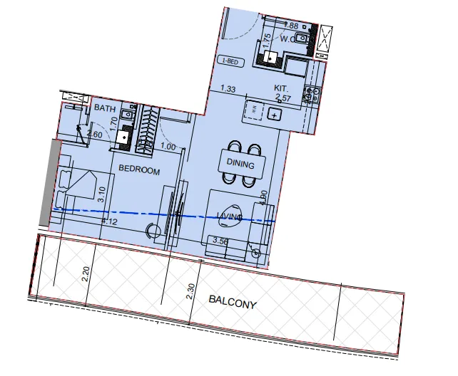 Binghatti Aquarise 1 bed floor plan, 975 sqft