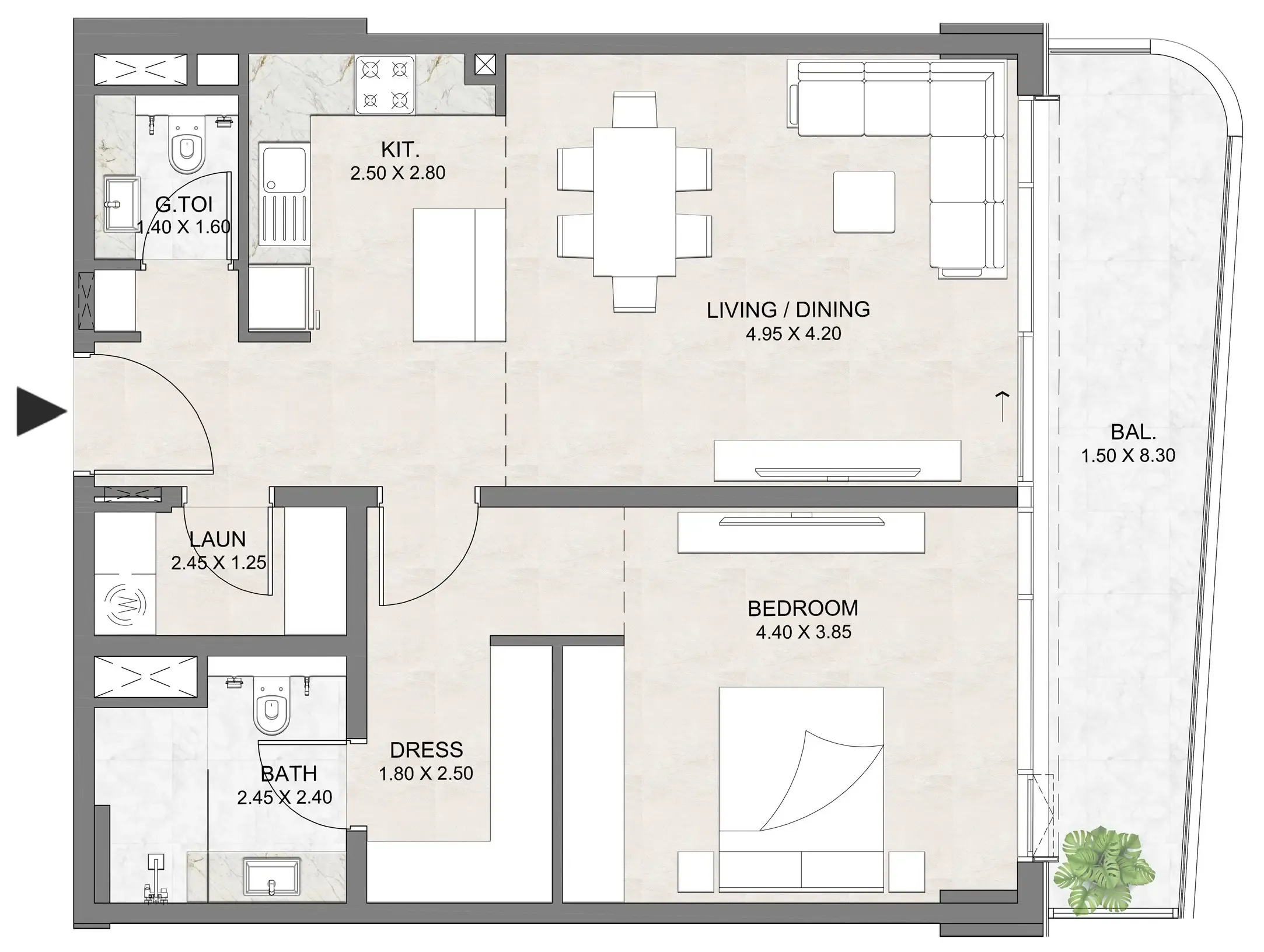 Luzora Residence 1 bed floor plan, 980 sqft
