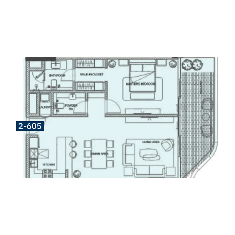 The Blue Beach Residence 1 bed floor plan, 940 sqft
