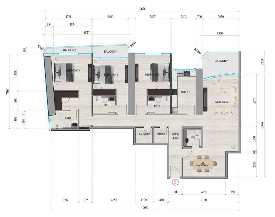 Al Ghaf Tower 3 bed floor plan, 2,081 sqft
