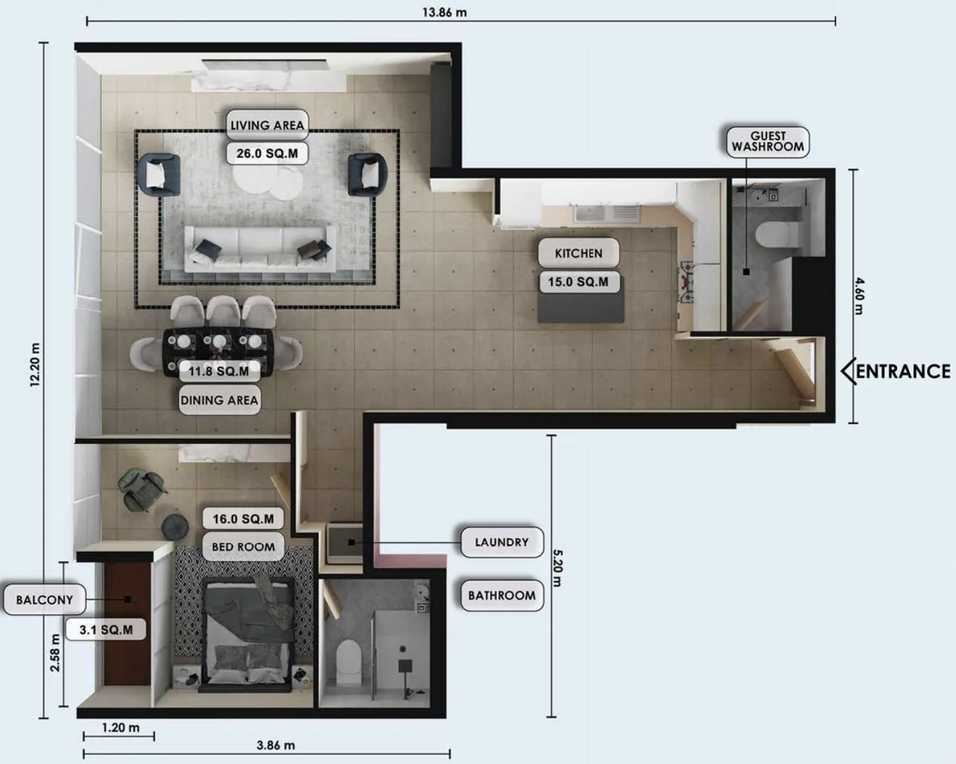 Zenith J1 1 bed floor plan, 1,160 sqft