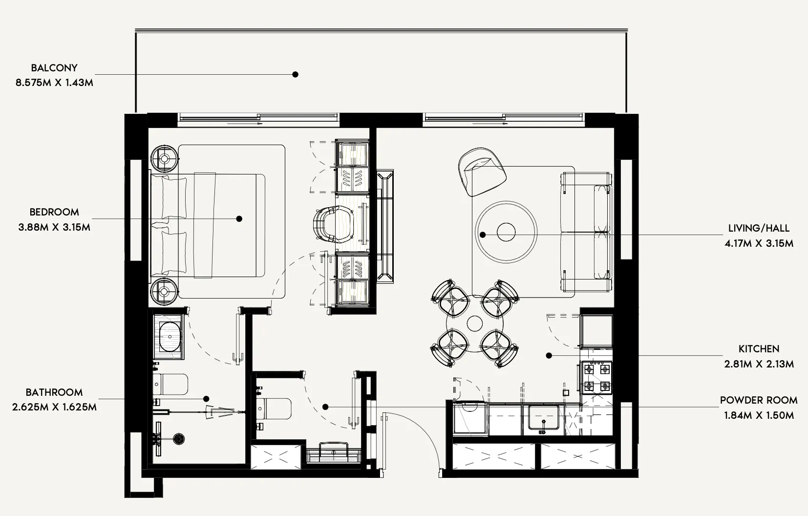 Azizi Rose 1 bed floor plan, 695 – 696 sqft