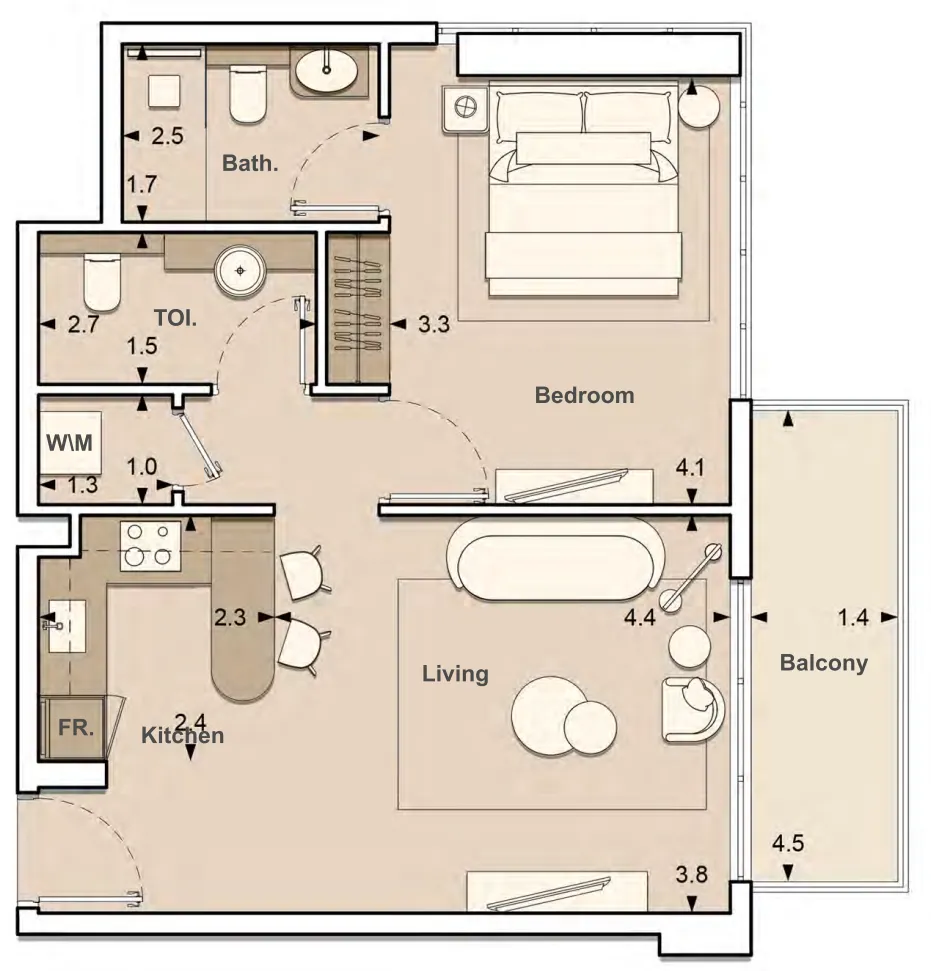 Lume Residences 1 bed floor plan, 677 sqft