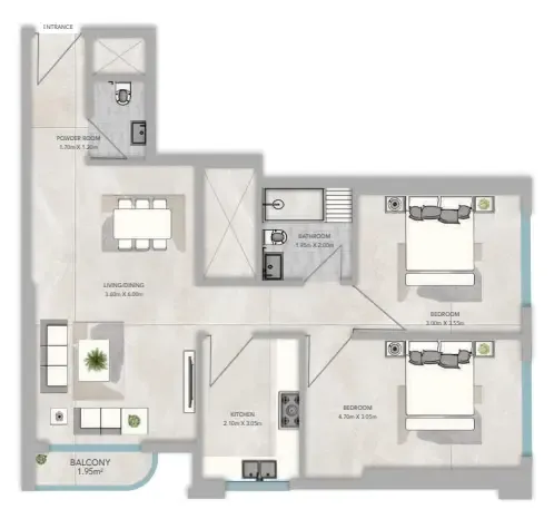 Azha Views Residences 2 bed floor plan, 1,108 sqft