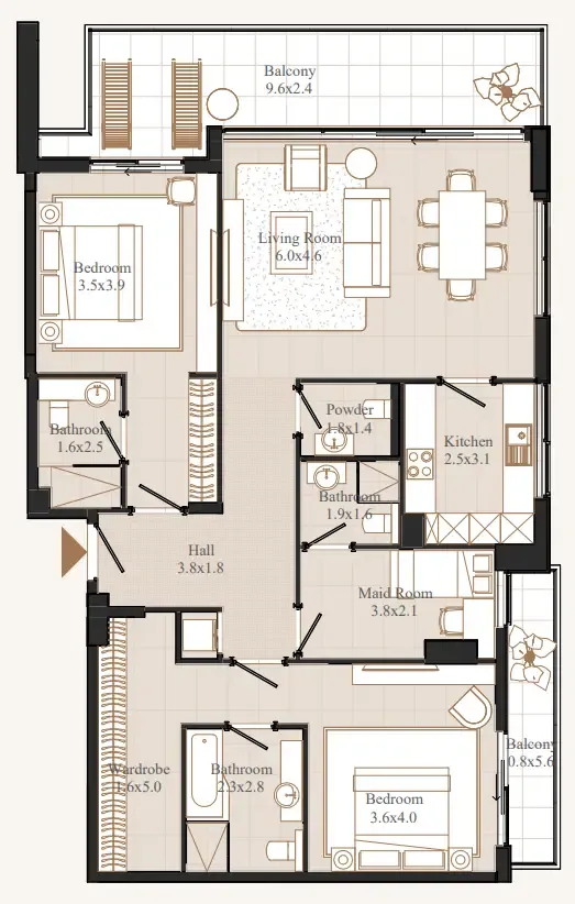 Flamingo LUX 2 bed floor plan, 1,628 sqft