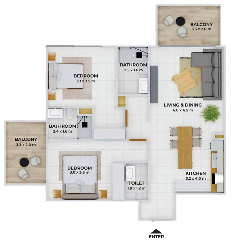 Treppan Tower 2 bed floor plan, 1,024 – 1,031 sqft