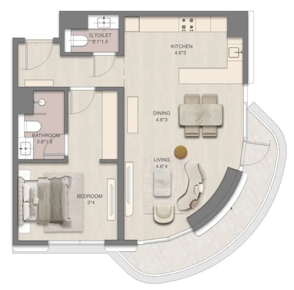 Mirasol Mina 1 bed floor plan, 881 sqft