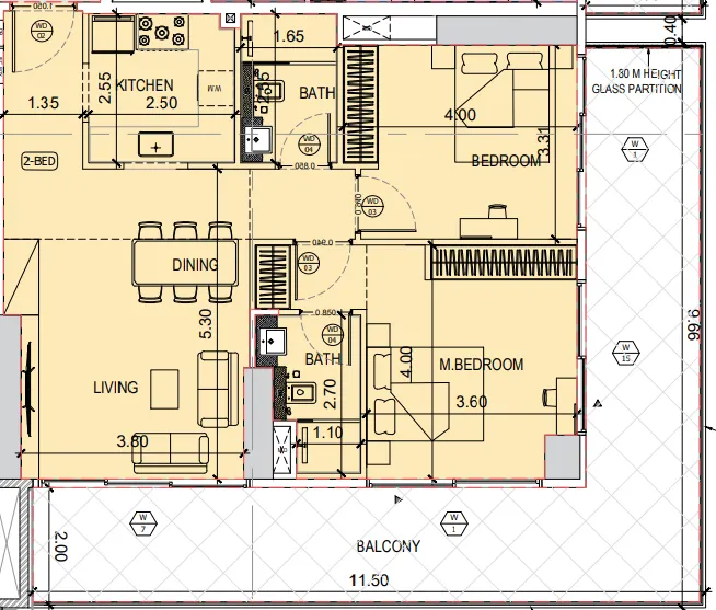 Binghatti Amberhall 2 bed floor plan, 1,264 sqft