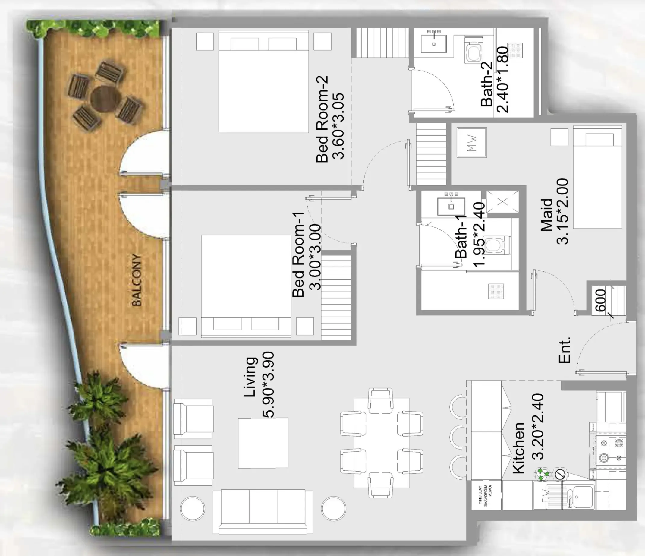 311 Boulevard 2 bed floor plan, 1,235 sqft