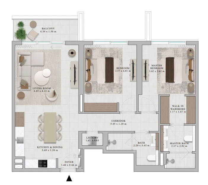 Rosehill 2 bed floor plan, 1,187 sqft