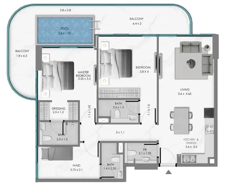 Samana Ocean Bay 2 bed floor plan, 1,418 sqft
