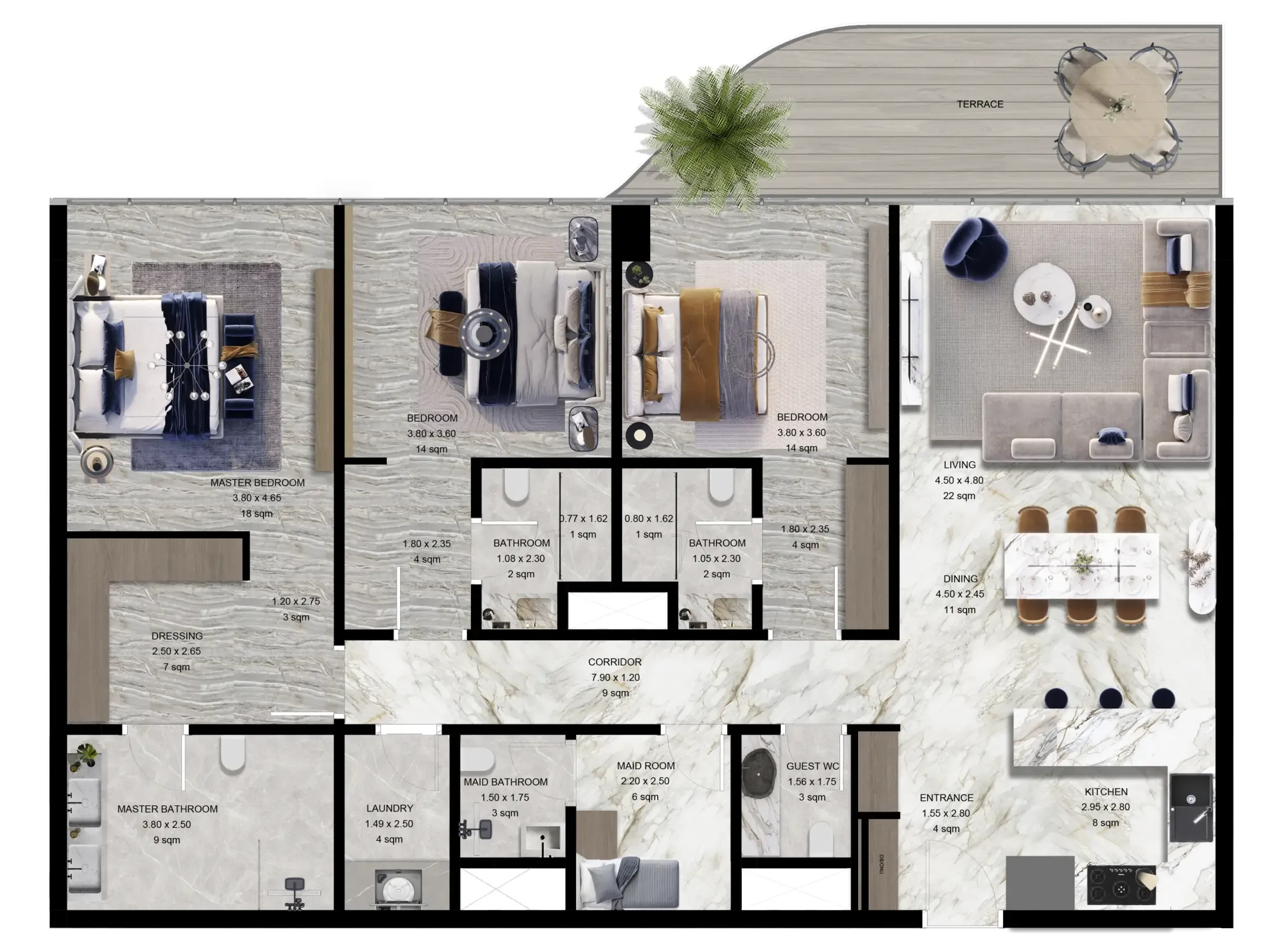 Jacob and Co Beachfront Living 3 bed floor plan, 2,174 sqft