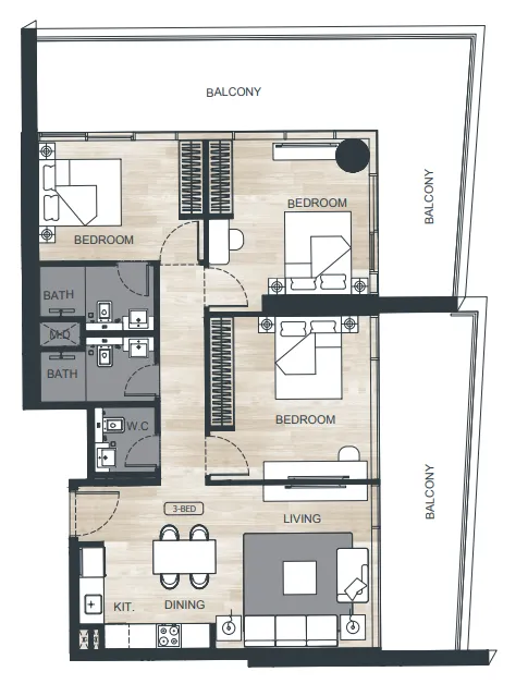 Binghatti Ghost 3 bed floor plan, 1,645 – 1,648 sqft