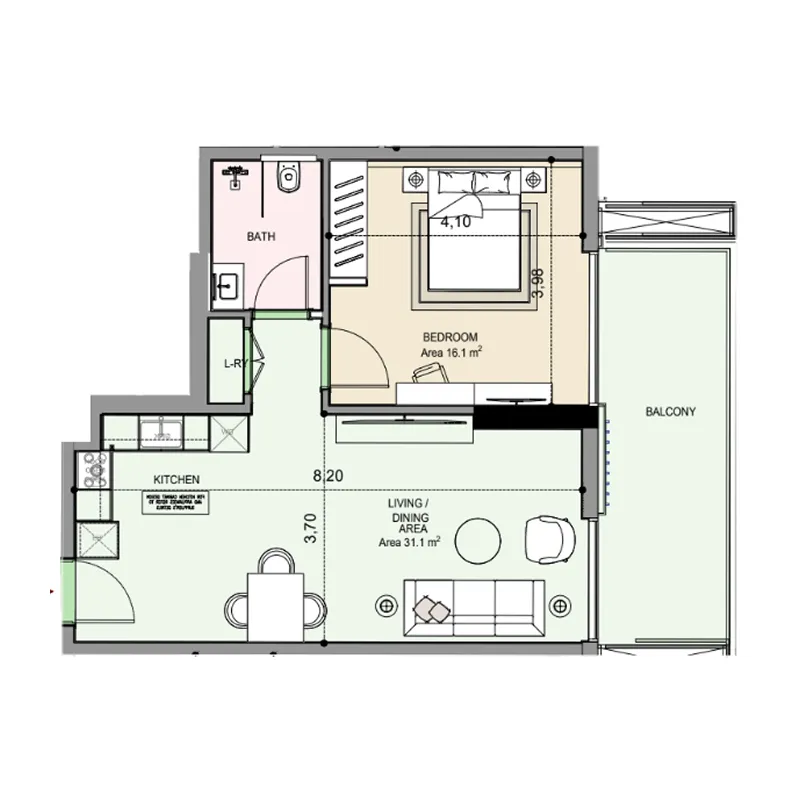 Edgewater Residences 1, 2 and 3 1 bed floor plan, 791 sqft