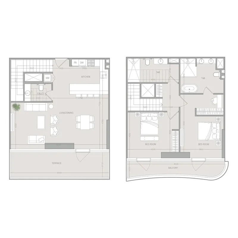 A1LA Residence 2 bed floor plan, 1,744 sqft
