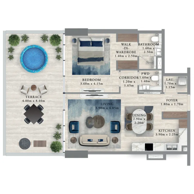 Royal Yacht Club Residence 1 bed floor plan, 1,121 sqft