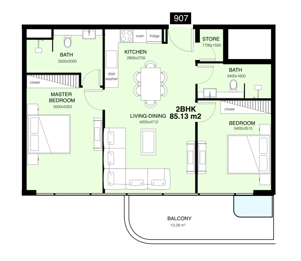 Villa Del Gavi 2 bed floor plan, 1,061 sqft