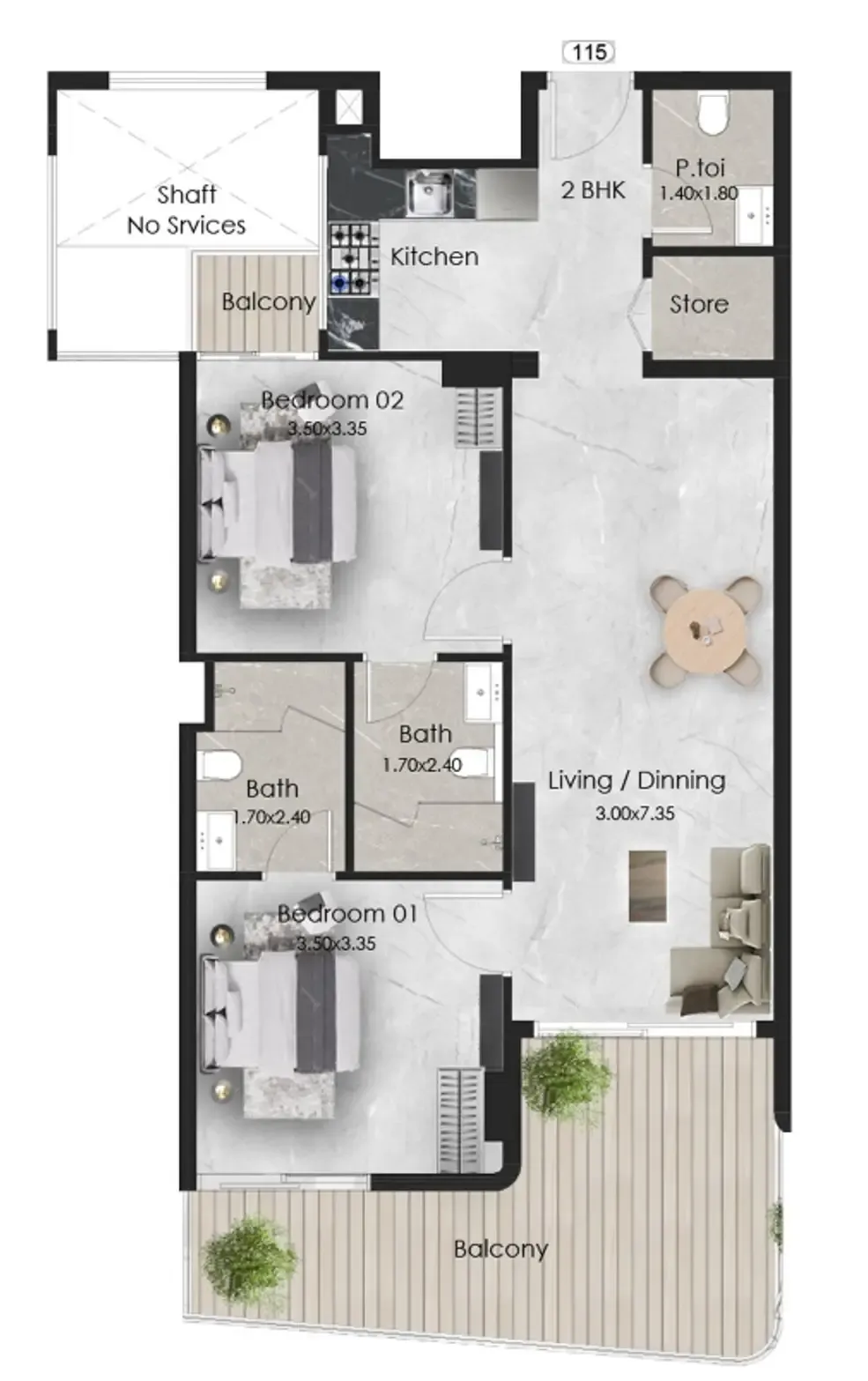 Aristo 2 bed floor plan, 997 sqft