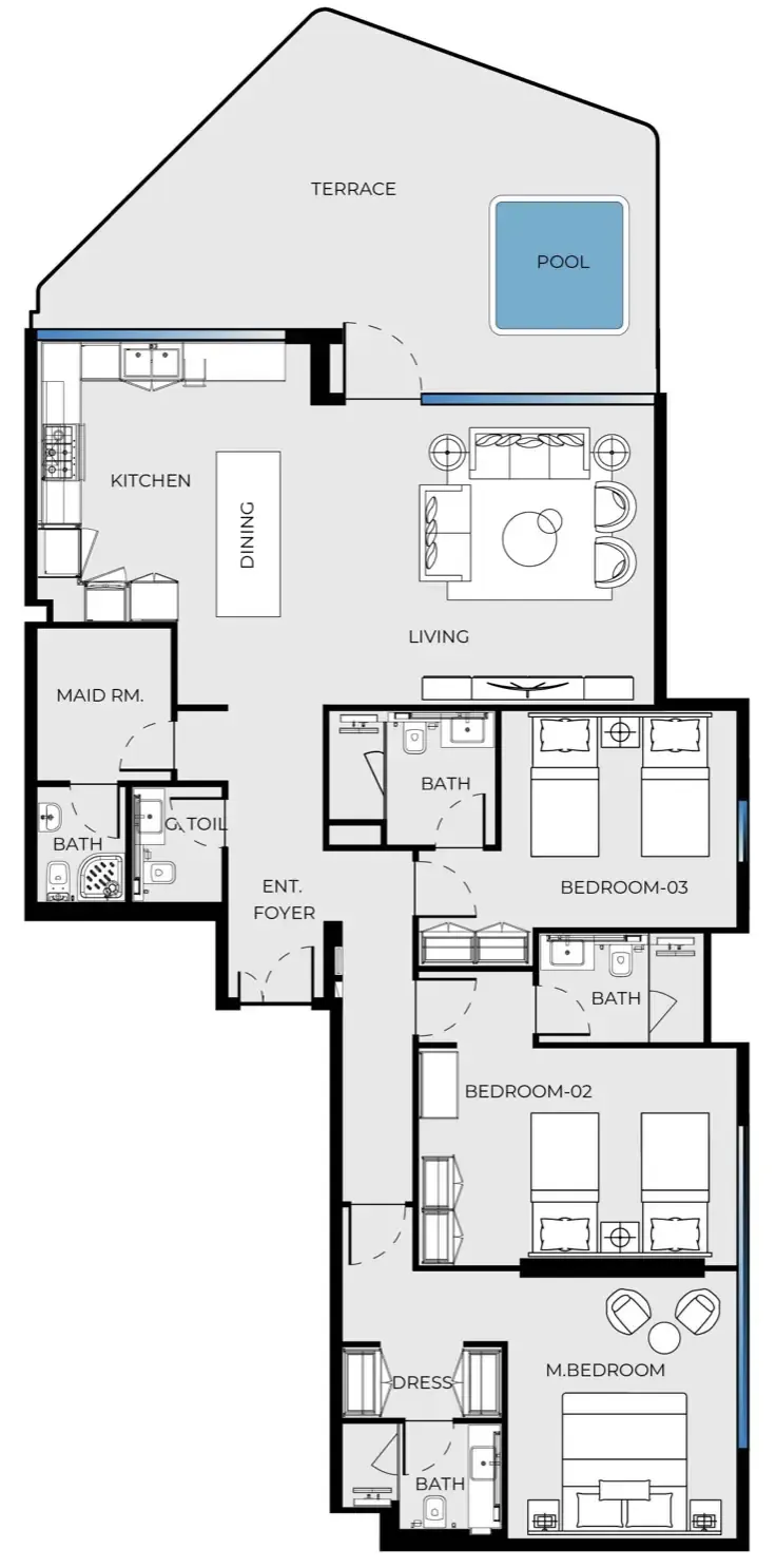 Luxury Canal Residences 3 bed floor plan, 2,047 sqft