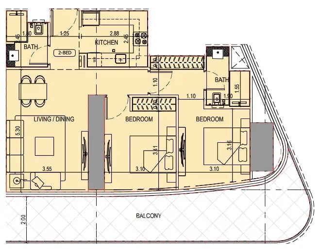 Binghatti Sky Terraces 2 bed floor plan, 1,160 sqft