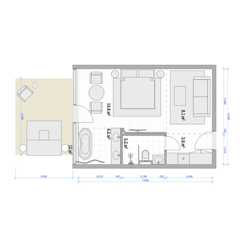Bloom Hotel Melasti 1 bed floor plan, 369 – 370 sqft