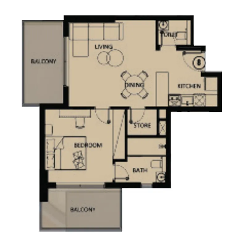 Lilium Tower 1 bed floor plan, 728 sqft