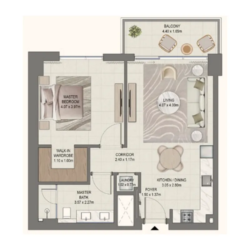 Golf Fields 1 bed floor plan, 791 sqft