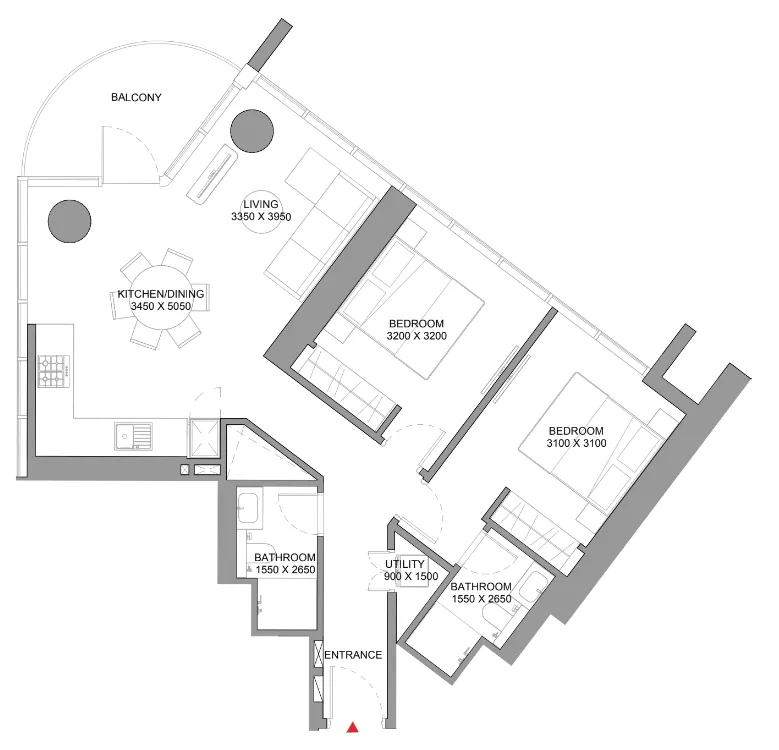 Sobha Orbis 2 bed floor plan, 986 sqft