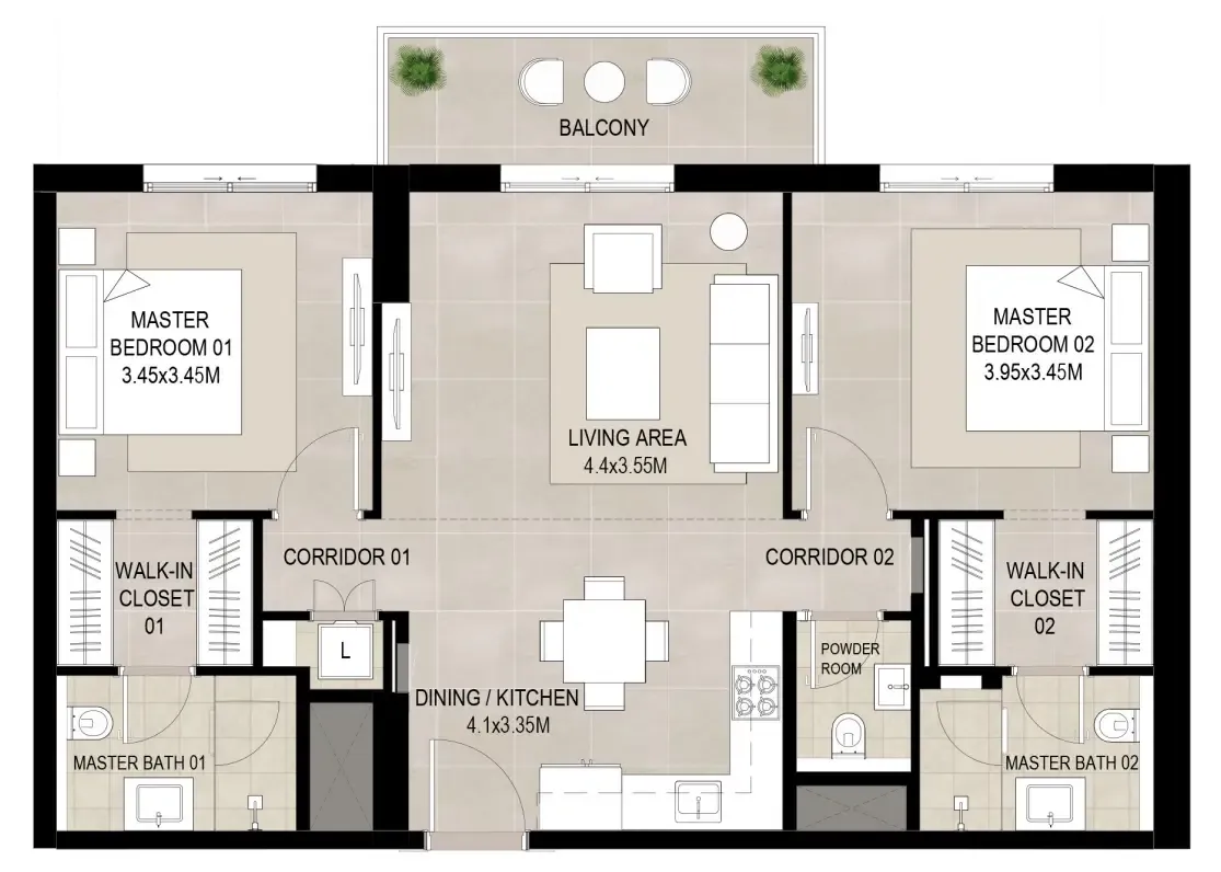 Lexington 2 bed floor plan, 1,005 sqft