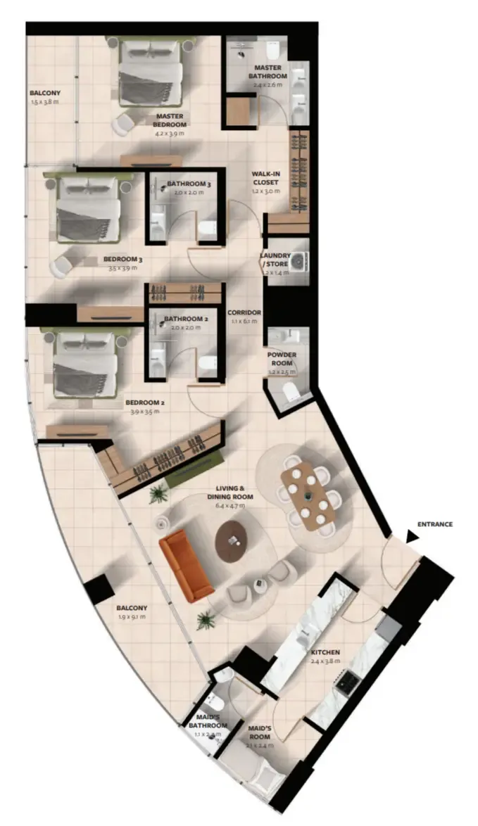 Waada Dubai South 3 bed floor plan, 1,924 sqft